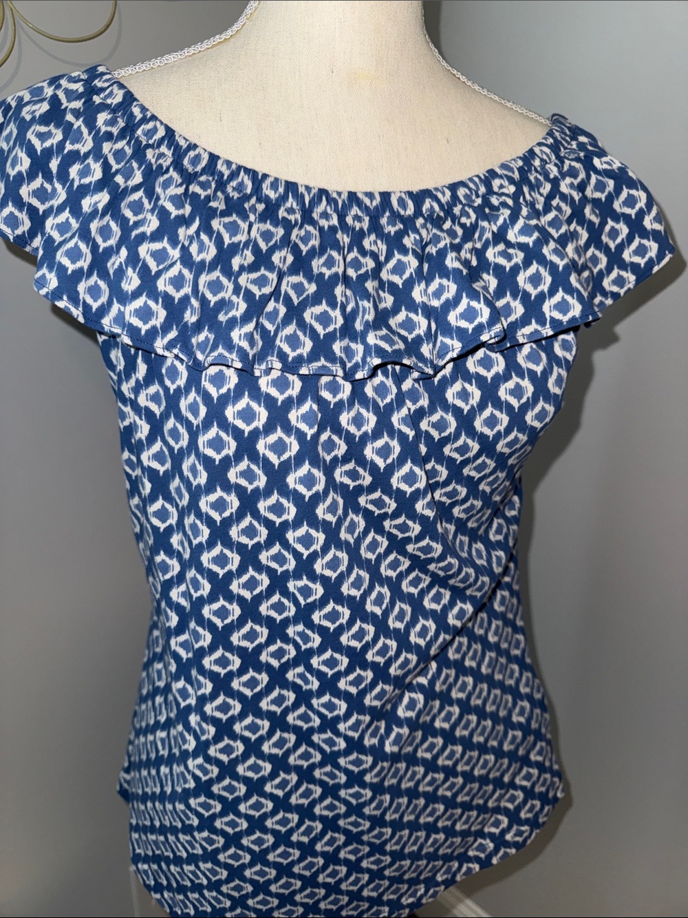 Chaps Blue and White Off-Shoulder Ruffle Camisole